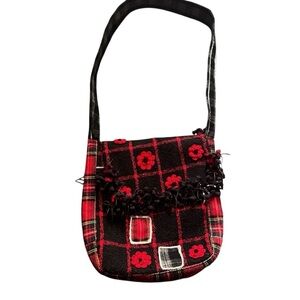 Red Black White Plaid Crossbody Bag with Floral Accents